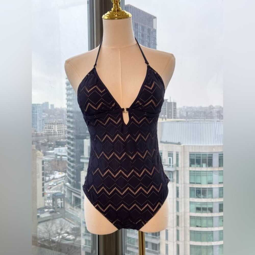 🆕 ZIMMERMANN 🧿NWOT Pointelle-Knit Halterneck Swimsuit, Plum-Navy, Sz 3 US 8/10 - Picture 3 of 14